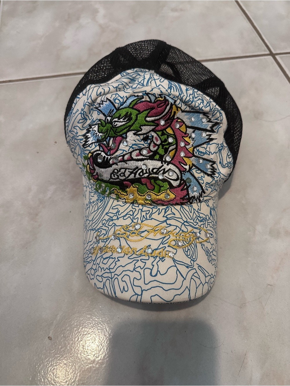 Dragon Embroidered Trucker Hat - White with Multicolor Design